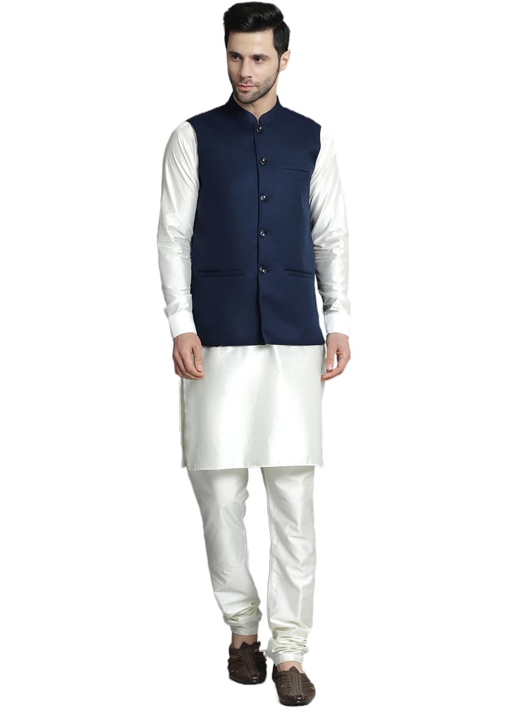 jompers Men's Solid Nehru Jacket with White Kurta & Churidar-picture-17