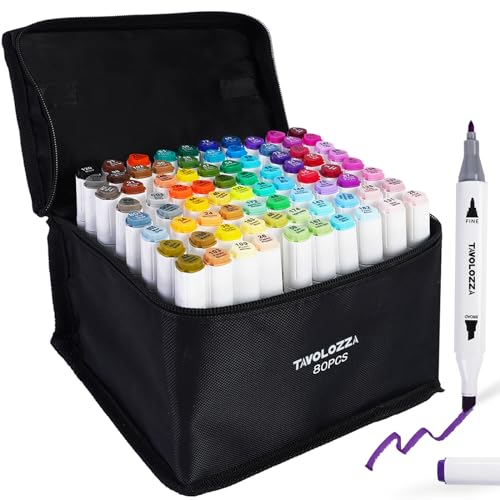 TAVOLOZZA 80 Colors Art Markers Set for Kids & Adult, Double Tipped Art Markers with Fine Bullet & Chisel Point Tips and Ergonomic Tri-Oval Barrels for Draw, Sketch, Illustrate, Manga