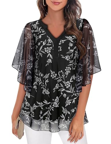 Gemulate Black Evening Tops for Women UK Ladies Tops 3/4 Sleeve Blouses V Neck Tunic Tops Double Layers Mesh Shirts Chiffon Top for Women UK - Black, M