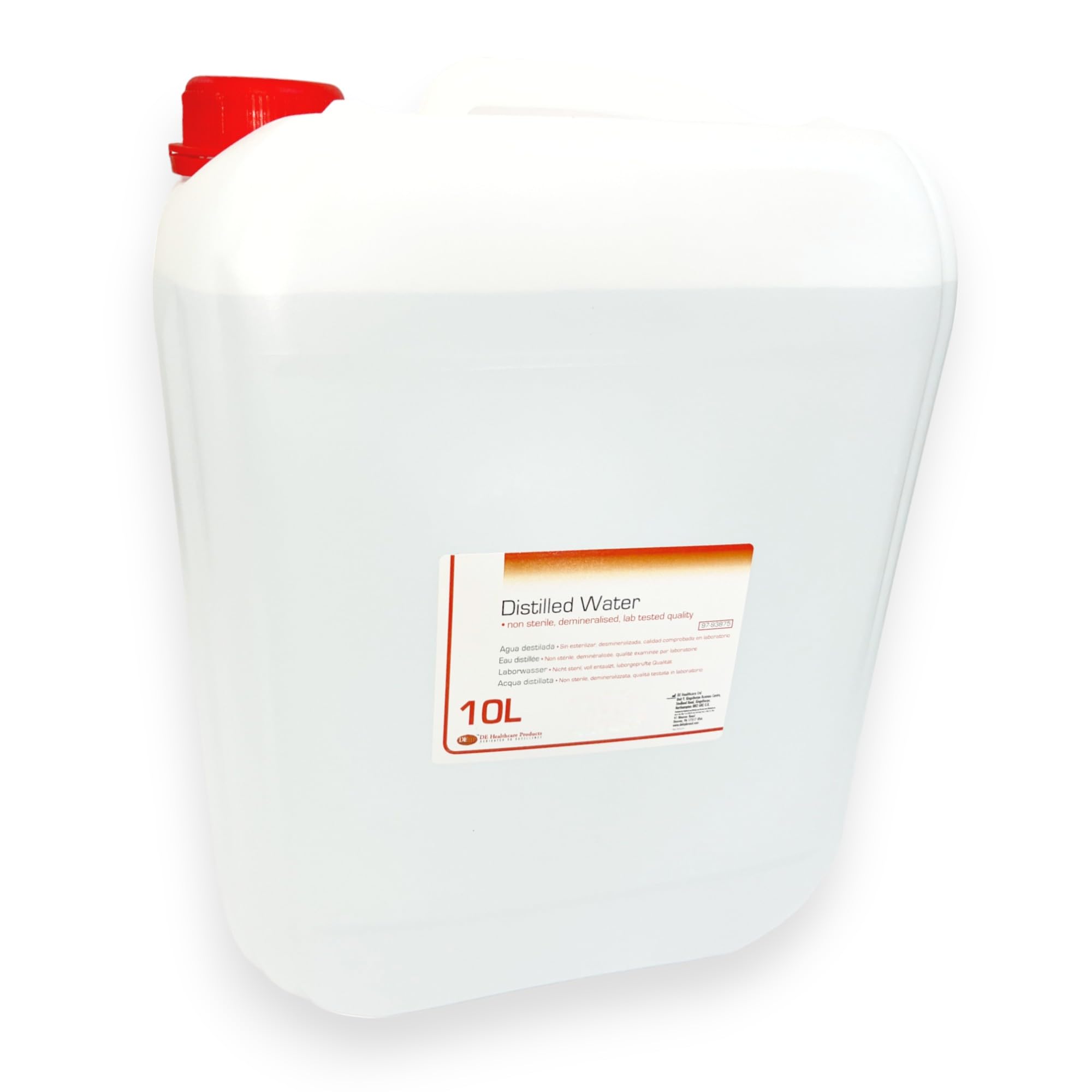 DE Healthcare Products – destilliertes Wasser (10 l), unsteril, nach DAB 7, Laborwasser für biochemische Zwecke