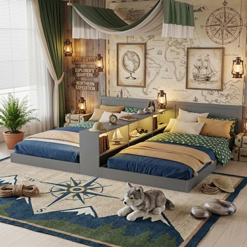 Mirightone Double Twin Kids Bed Frame with Storage, Convertible Floor