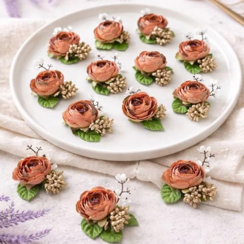 Image of SATYAM KRAFT 12 Pcs Handmade Artificial Small Peonies Flower Bunch for Hamper, Flower Brooch Hamper, Trousseau Packing, Decoration, Gifting, DIY Craft & Wedding (Brown Bunch)