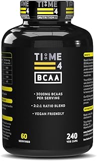 Time 4 BCAA - 240 Capsules High Strength Branch Chain Amino Acids Made By Fermentation Process for Muscle Growth, Tissue Repairing, & Energy Production Vegan BCAA Capsules Not BCAA Amino Acids Tablets