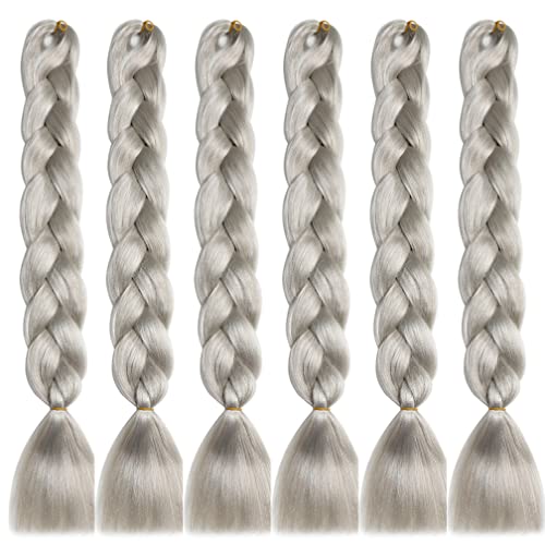 Xiaofeng 6 Packs Braiding Hair Extension 24 Inch Long Professional Synthetic Hair for Twist Crochet Braids Itch Free Yaki Texture Straight Braids Hair for Women (24 Inch, Silver gray)