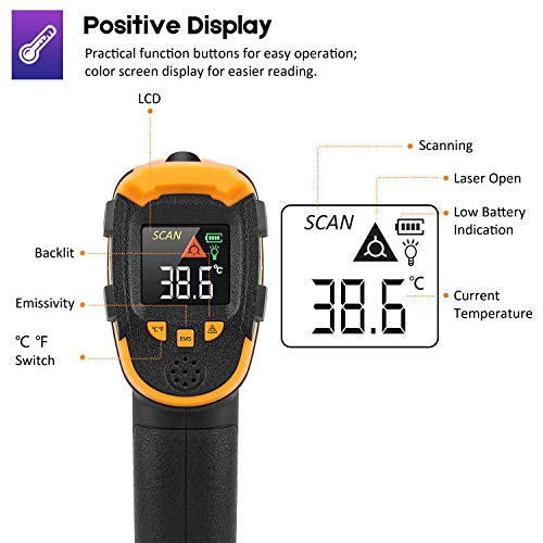 Infrared Thermometer (Not for Human) Non-Contact Digital Laser Temperature Gun Pyrometer with LCD Color Display -58℉～1112℉(-50℃～600℃) Adjustable Emissivity for Cooking/BBQ/Freezer/Industry/Repair