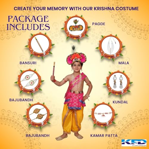 Image of Kaku Fancy Dresses Krishna Costume With Dhoti For Boy /Janmashtami /Bal Gopal Dress /Kanha Costume /Bal Krishna /Mythological Costume For Boy - Yellow-Red, 1-2 Years