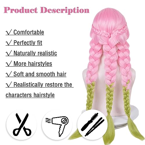 max beauty anime pink and green wig for mitsuri cosplay braided hair wig with pigtails halloween party  cap