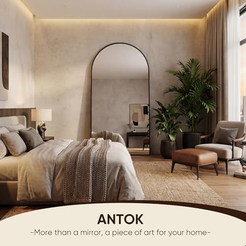 Image of Antok 68 inch x26 inch Arched Full Length Floor Mirror, Black Aluminum Frame, Free Standing /Wall Mount /Leaning for Bedroom, Living Room, Dressing Room