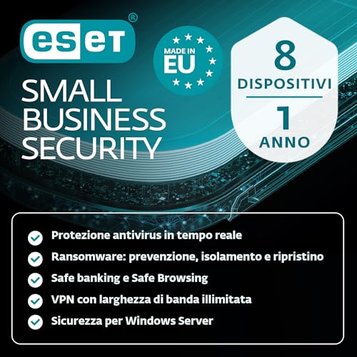 ESET Small Business Security | 8 dispositivi | 1 anno | Antivirus, Safe Banking, Safe Browsing, Ransomware Remediation, VPN, Secure Data, Safe server | Chiave di attivazione via e-mail
