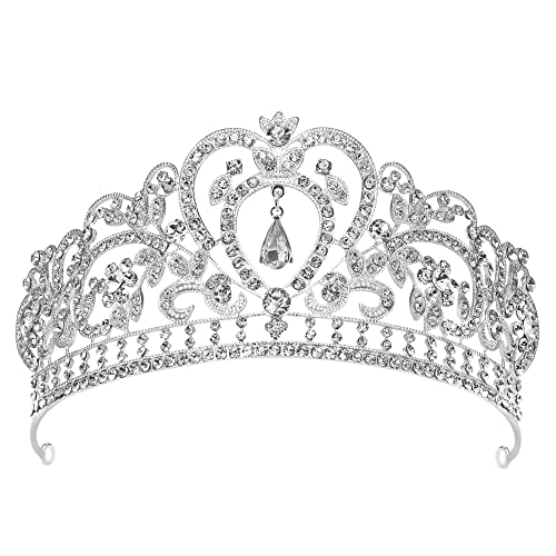 LABJULY Silver Crystal Crown Cake Topper for Woman & Girls Vintage Rhinestone Bead Queen Crown Elegant Princess Crown Cake Topper Women Bridal Wedding Prom Birthday Cake Accessories