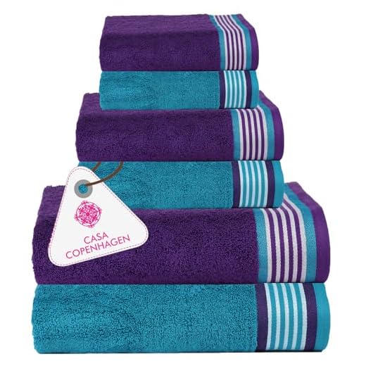 CASA COPENHAGEN Designed in Denmark 550 GSM 2 Large Bath Towels 2 Large Hand Towels 2 Washcloths, Super Soft Egyptian Cotton 6 Towels Set for Bathroom, Kitchen & Shower - Violet Indigo & Teal Green