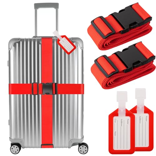 Image of Luggage Straps,2 Pack Adjustable Luggage Straps for Suitcases and Tags Set 2 Straps, 2 Tags,Extends Life of Bag (Red)