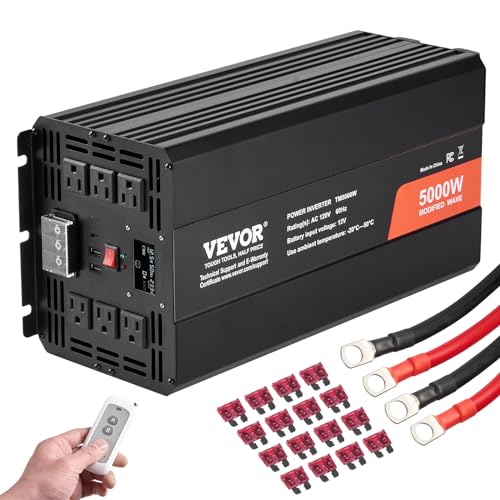 VEVOR Modified Sine Wave Inverter, 5000W, DC 12V to AC 120V Power Inverter with 6 AC Outlets 2 USB Port 1 Type-C Port, LCD Display and Remote Controller for High Load Home Appliances, CE FCC Certified