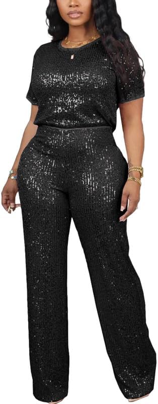 LROSEY Womens Sequin Two Piece Set Glitter T Shirts Top Sparkly Pants Suit for Birthday Party Disco Outfits