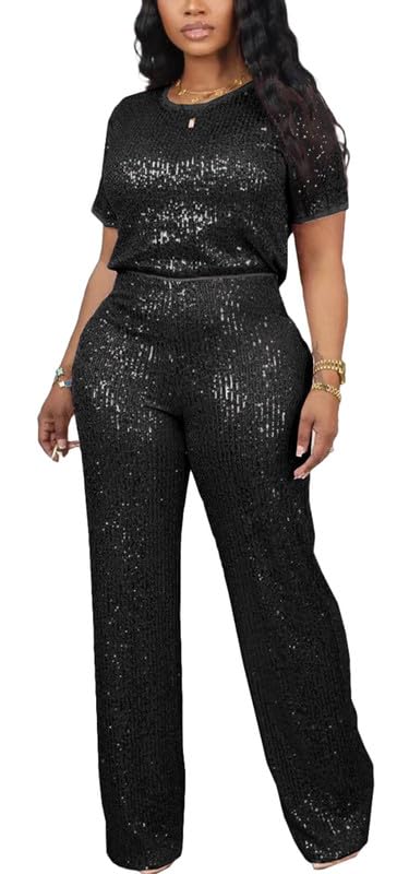LROSEY Womens Sequin Two Piece Set Glitter T Shirts Top Sparkly Pants...