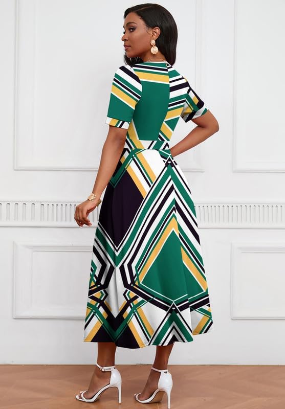 Image of MarryUP Women's Midi Dresses - V Neck Cocktail & Church Tea Dresses - Short Sleeve A-Line Swing Dress