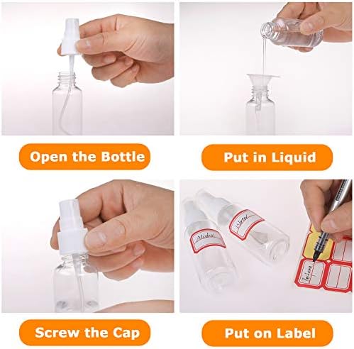 Hosung Spray Bottle,6 Pcs Clear Empty Fine Mist Spray Bottles,Mini Refillable Liquid Containers, Plastic Atomiser Bottles Set with 2pcs Funnels and 24pcs Labels