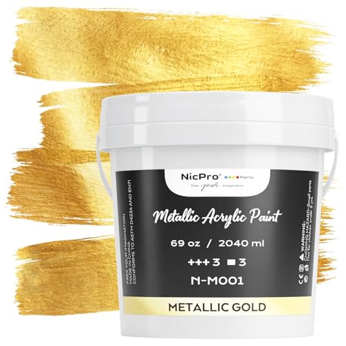 Image of Nicpro Metallic Gold Acrylic Paint, 69oz /2040ml Large Gold Leaf Paint | Non Toxic, Non Fading Craft Paints for Metal, Wood, Clay, Fabric, Canvas, Furniture, Handcrafts, Art Supplies