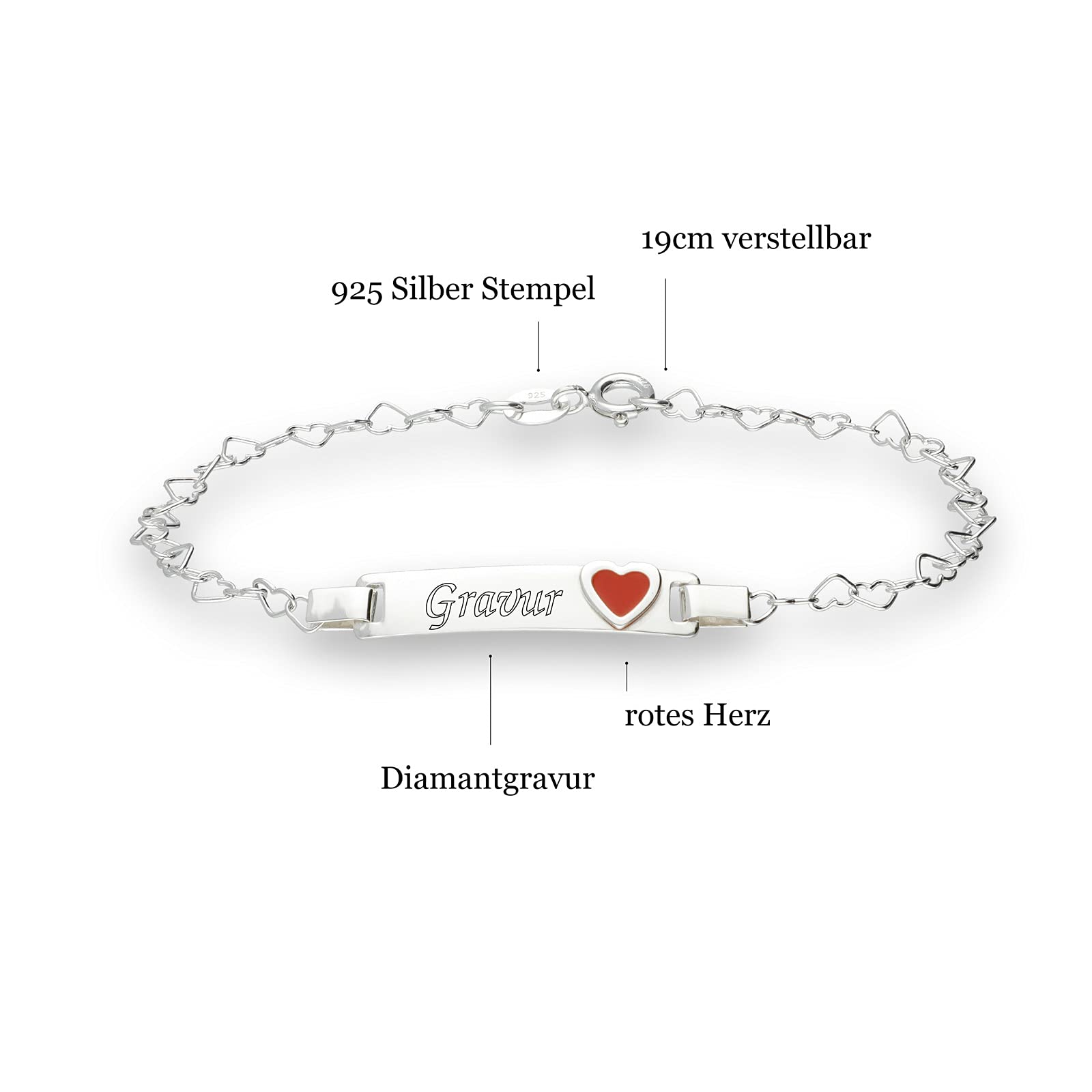 Armband Damen mit Gravur Identarmband Herz Rot 925 Silber personalisiert Wunschgravur auf Vorder und Rückseite