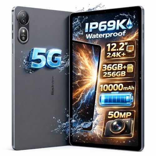 Blackview Mega 12 Impermeable IP69K 5G AI Tablet, 12,2' 2.4K 120Hz, 8,2 mm Ultradelgado, Batería 10000mAh, Tablet Android 16, 36GB+256GB (2TB Externo), Dual SIM 5G, Cámara 50MP, NFC GPS, Negro