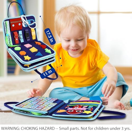 Image of SHINETOY Montessori Busy Board for Toddlers | 8-Page Sensory Activity Book | Fine Motor Skills, Clock, Shapes, Numbers, Alphabet & Life Skills | Dinosaur Theme Travel Learning Toy for Kids 3-6