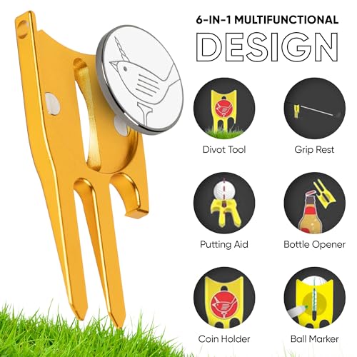 Image of Golf Divot Repair Tool. Golf Ball Marker. Birdicorn Divot Tool (Gold w /Ball Marker)