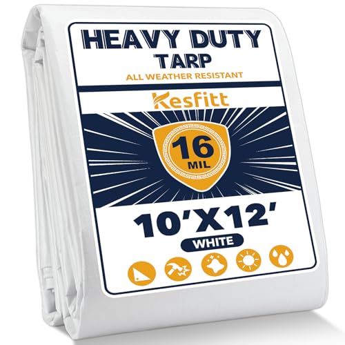 Kesfitt 16 Mil Heavy Duty Waterproof White Tarp, 10x12 ft, 100% Virgin Polyethylene, Reinforced Grommets, UV Resistant Outdoor Tarp for Storm Protection, Equipment Cover & Backyard Use