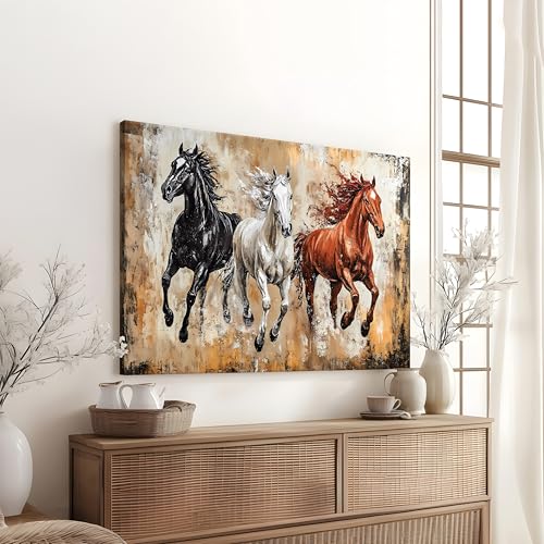 Image of 3 Running Horses Vastu Canvas Wall Art Painting For Living Room, Symbol of Strength Three Vastu Horse Painting, Abstract Elegant Horse Wall art for Home & Office, 22x34 Inch