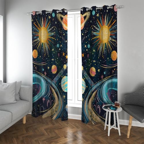 UIRINGART Cortina privacidad oscurecedora Impresa en el Planeta Espacial Cortinas Ventana Cielo Estrellado Coloridas para el Dormitorio la Sala Estar 2 Paneles H290xB140