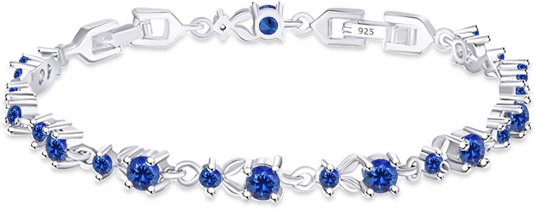 AFFY Round Cut Simulated Birthstone Leaf Shape Tennis Bracelet Gemstones Link Bracelet For Women In 14k White Gold Plated 925 Sterling Silver Jewelry Gift For Her