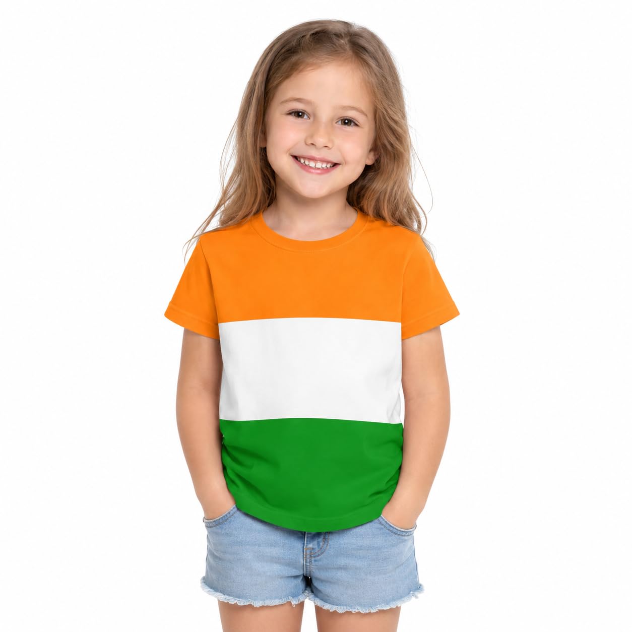 Round Neck Girls Boys Kids India Flag Republic Day T-Shirt Half Sleeves 100% Cotton Soft Fabric Comfortable Indian Tricolor Original Branded Boy Girl Kid Tshirt