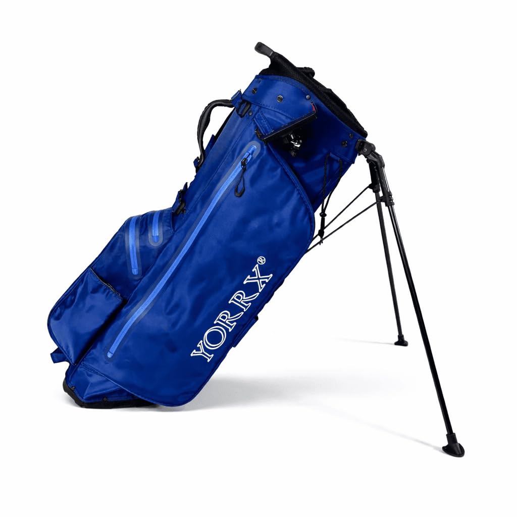 Sac de golf sur pied - Imperméable - Léger (2,4 kg) - 9 compartiments pour raquettes - Support pour téléphone portable - Compartiment isotherme - Bleu foncé - Unisexe