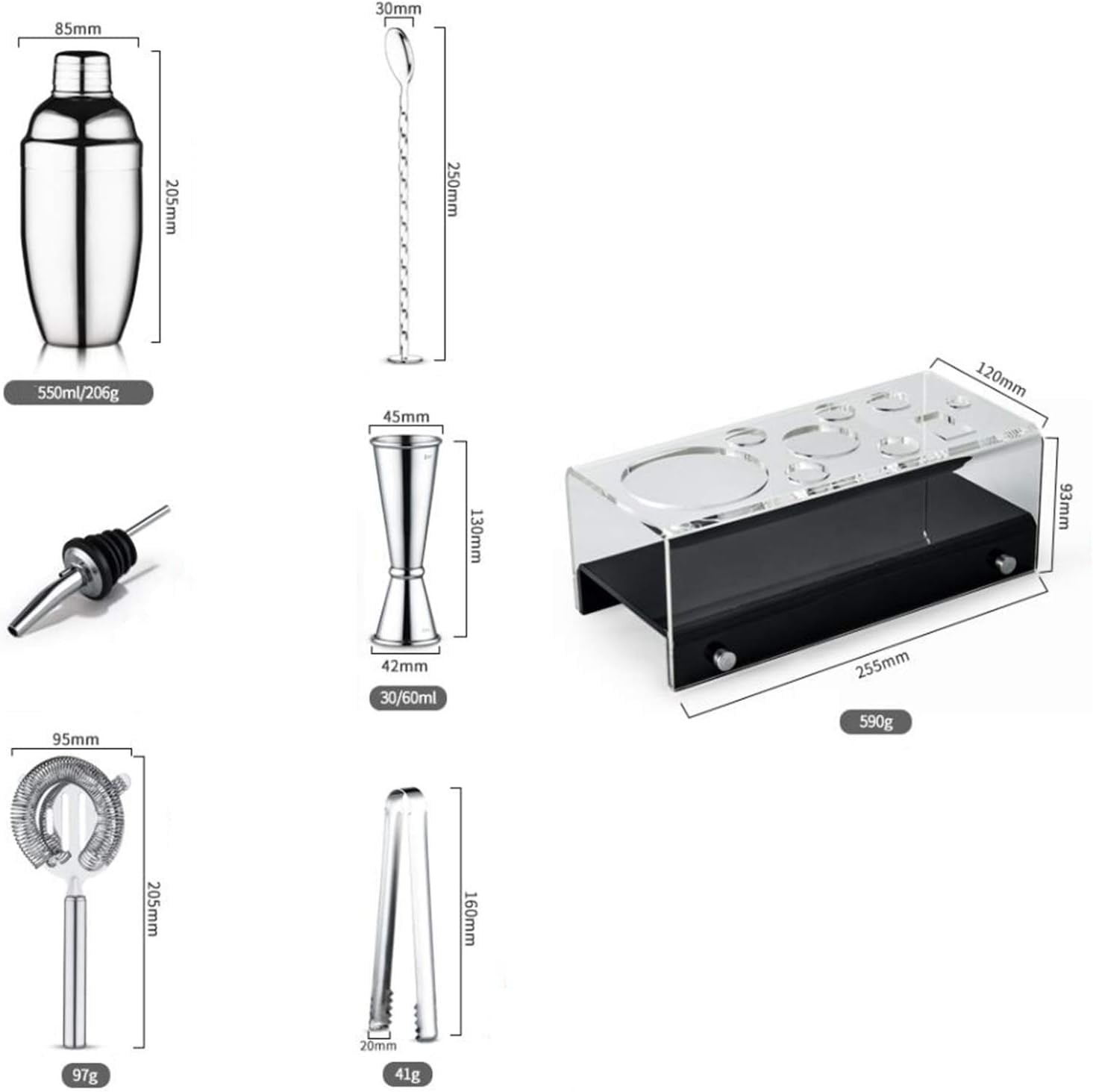 Shaker Cócteles Coctelera De 10 Piezas con Soporte Acrílico Juego Herramientas Barra Acero Inoxidable Kit Coctelería Bar Set(Blue,Silver)