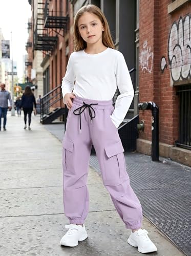 Image of JiAmy Girls Cargo Pants Elastic High Waist Drawstring Pants Jogger Trousers Casual Loose with Pockets 6-14Y