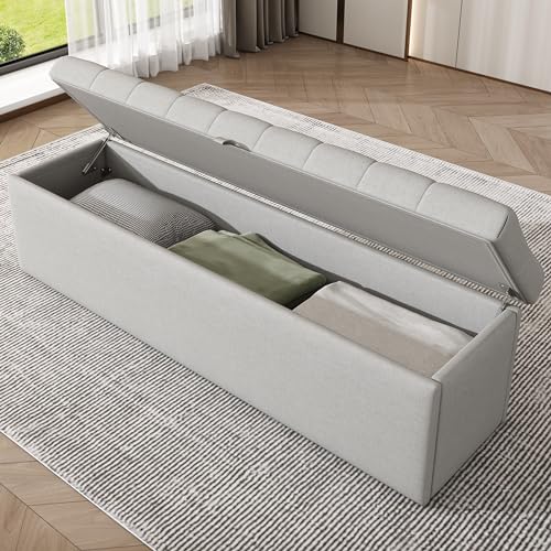 SOFTWEARY Banco tapizado, banco de cama con espacio de almacenamiento y tapa, también adecuado como banco de perchero, taburete, asiento (gris claro)