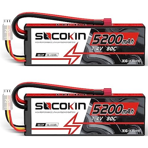 Socokin 2S 5200mAh 80C 7.4V Lipo Battery with Hard Case Deans Plug for RC Evader BX Car RC Buggy RC Boat Drones 1/10 Scale Racing Truck Racing RC Heli Airplane (2 Pack) Cover