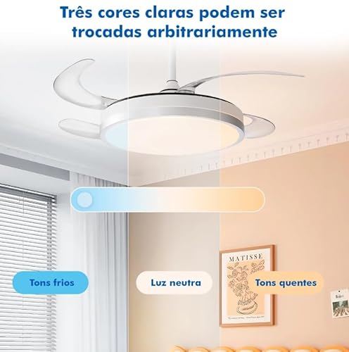 Ventilador de Teto LED com Pás Retráteis, Controle Remoto, Bivolt, Estrutura Branca, Pás Transparent