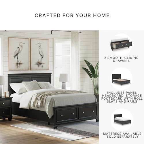 Image of Signature Design by Ashley Queen Bed Frame with Storage, Black | Platform bed with extra-deep front drawers, Hardwood solids, birch veneer and MDF substrate construction, Lanolee Series