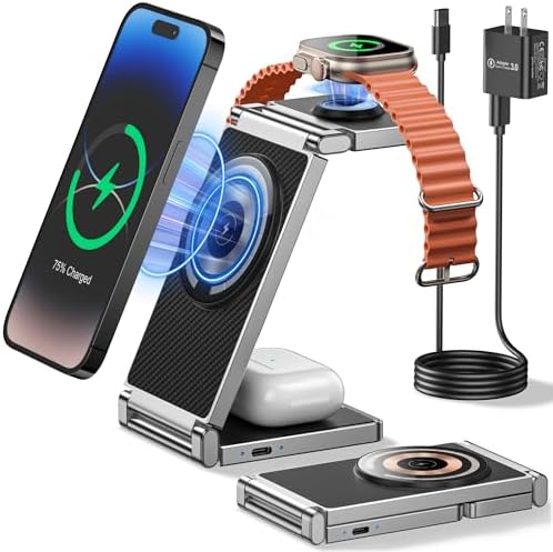 Mag-Safe Charger Stand iPhone and Watch Charging Station for Apple Devices, Magnetic 3 in 1 Foldable Travel Charging Dock for Airpods and iPhone 15/14/13/12 Max/Pro/Mini