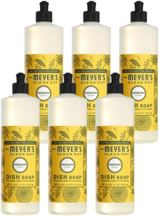 Mrs. MEYER'S Clean Day Liquid Dish Soap, Dandelion Scent, 16 Fl Oz (Pack of 6)