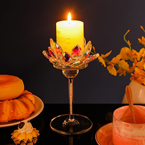 Dounx Crystal Tea Light Candle Holder Set Of 2, Colorful Lotus Tea Light Candle Holder, Small Candle Holder For Pillar Candles, Clear Glass Base, Fancy Crystal Ball, Use For Table Centerpieces Décor #TOP6