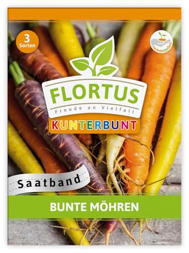 FLORTUS - Bunte Möhren Saatgut Saatband Mischung - 3 Saatbänder für Möhrenanbau - Saatgutmischung für orangene, gelbe, weiße & violette Karotten - Pflanzen Samen für Gemüse Anzucht im Beet & Garten