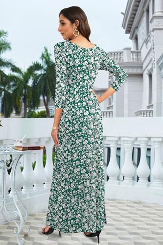 Image of WNEEDU Women's 3 /4 Sleeve Casual Loose Long Maxi Dresses with Pocket | Empire Elastic Waist, Crewneck, Floor Length, Soft Stretchy Flowy, Formal Dress, Wedding Wear, Solid Color and Prints