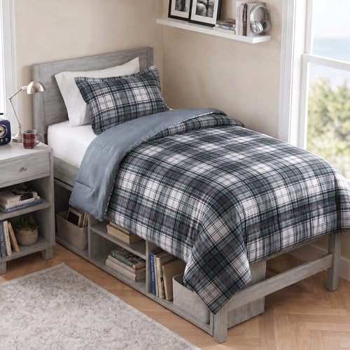 Image of Madison Park Essentials Parkston Plaid Comforter Set Soft Brushed Microfiber College Bedding, 3M Scotchguard Stain Release Cover, Modern All Season Cabin Bedding, Twin /TwinXL, Grey, 2 Piece