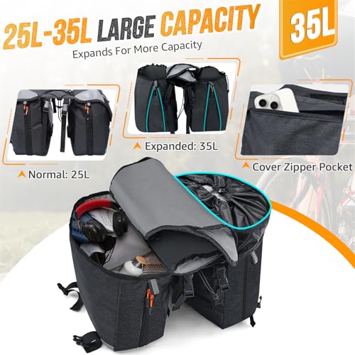 Image of WOTOW Panniers Bike Bags Waterproof - Rear Bike Rack Bag Expandable to 35L, Double Pannier Bicycle Saddle Bag Trunk with Handles, E-bike Accessories for Adult Cycling Travel Cargo Storage (25L-35L)