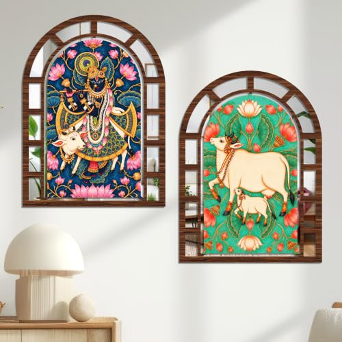 Image of Artvibes Shrinathji & Kamdhenu Cow Wall Hanging Decor | Decorative Wall Accent | Jharokha Mirror for Living Room, Hall, Bedroom, Pooja Room, Reception, & Entryway | Gift (WHJ 12038N), Set of 2