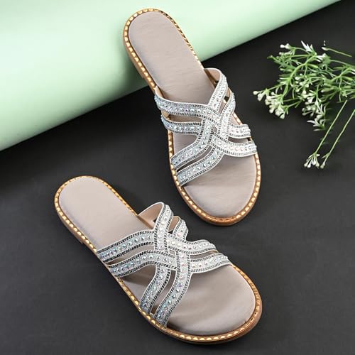 Image of Centrino Women's Beaded Flat Sandals| Open Toe Stylish Slip-On Sandals for Ladies | Metallic Crisscross Straps with Soft Cushioned Footbed for Comfort | Lightweight Casual Fashion Footwear (9305)