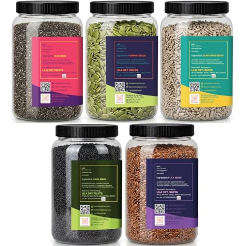 Image of LILA DRY FRUITS Super Seeds Combo Pack Chia Pumpkin Flax Watermelon & Sunflower Seed 100 g x 5 | Raw Seeds Mix for Daily Nutrition & Healthy Snacking Perfect for Gifting