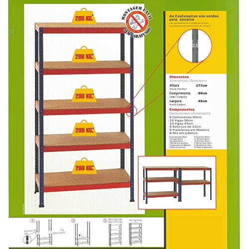 NAWA Kit Estantería Metálica 177x90x45cm Azul-Naranja 5 Baldas de 200 kg Capac.