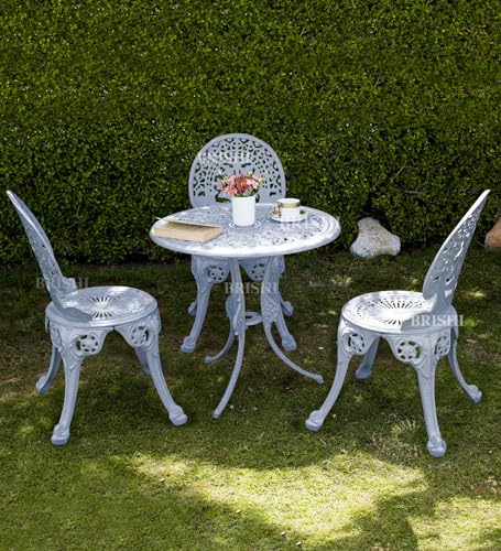 Image of BRISHI Cast Aluminium Garden Patio Seating Chair and Table Set for Balcony Outdoor Furniture with 1 Table and 3 Chair Set (White) (Grey)